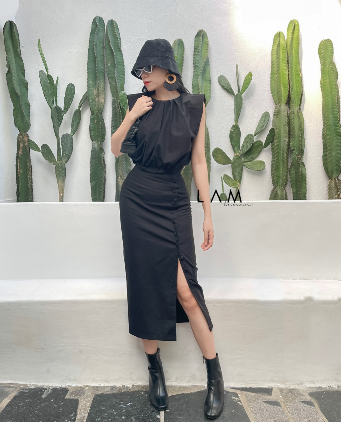 Chân váy Midi nút bọc dress linen