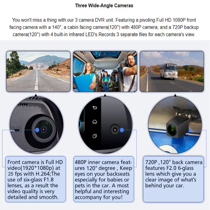 [Trả góp 0%] Camera hành trình gương cao cấp Phisung E09-3 tích hợp 3 camera