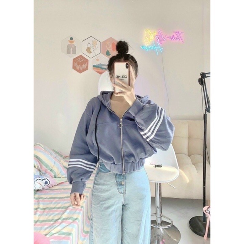 [Bigsize] Áo khoác nỉ tay phồng phối sọc from lững (Hình thật)