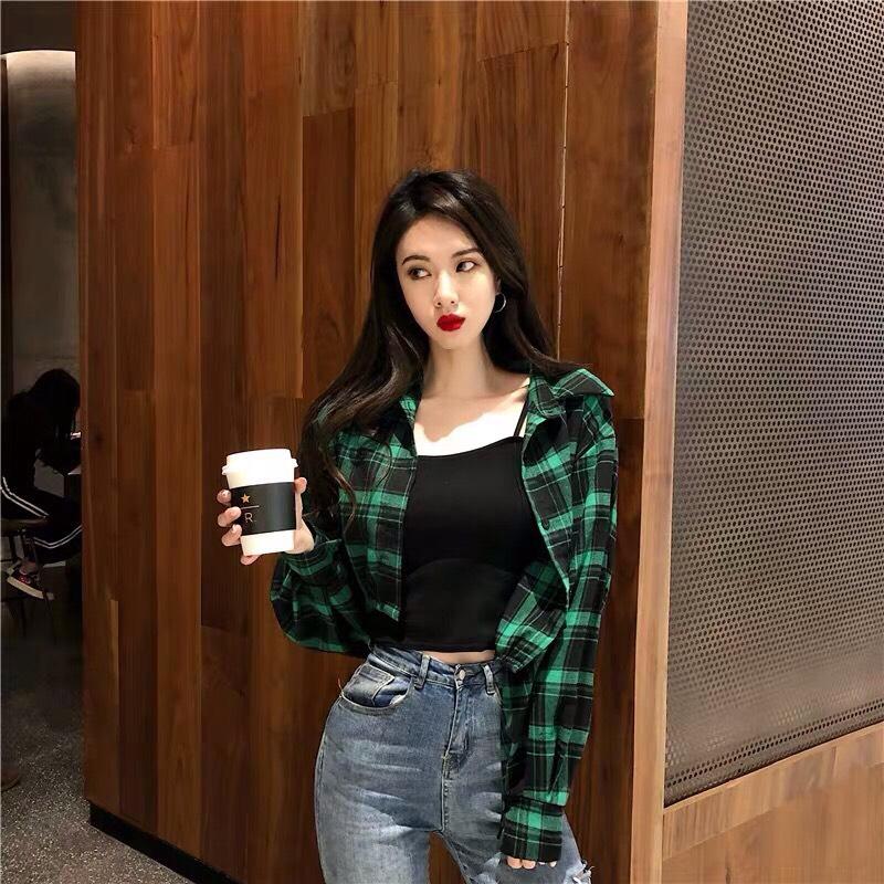 [HCM]Áo sơ mi caro Croptop dài tay -TSS