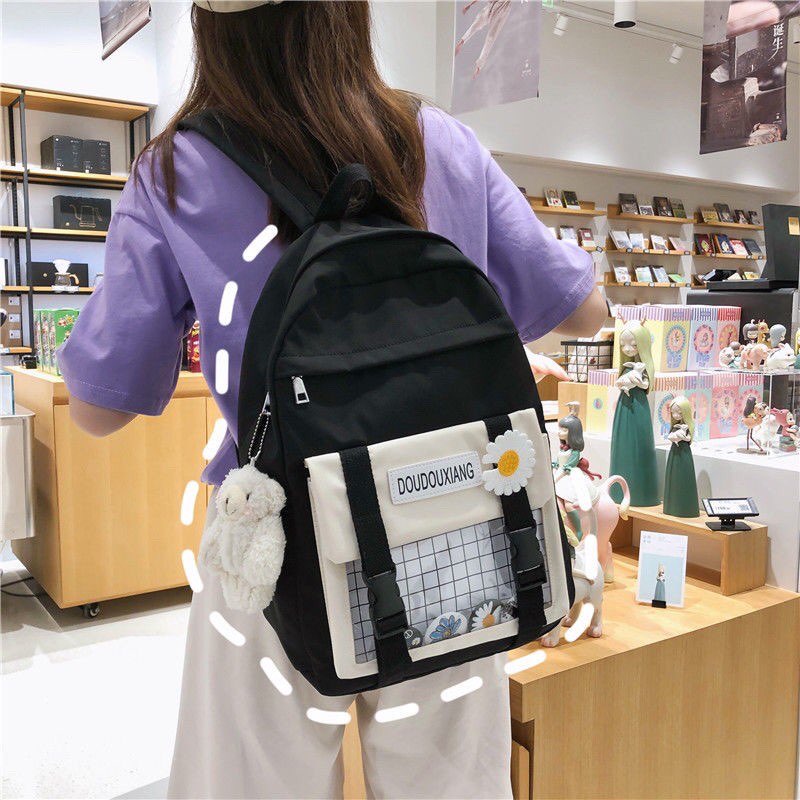 [HCM]Balo hoa cúc phối caro vải dù