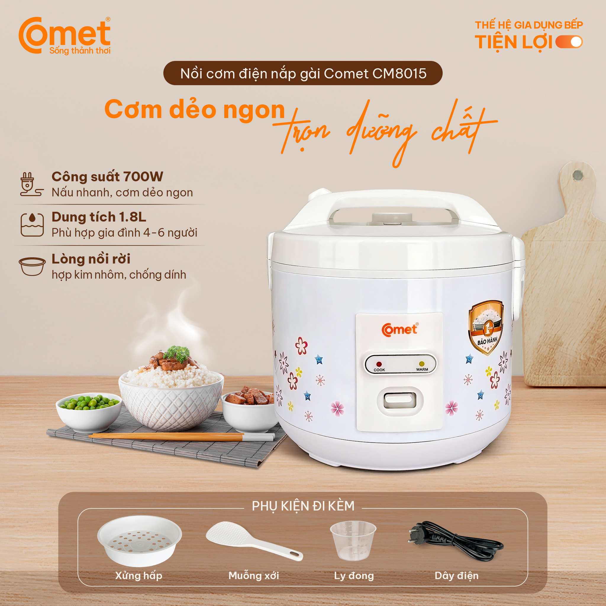 Nồi cơm điện nắp gài COMET - CM8015 - 1.8L -  Hàng Chính Hãng