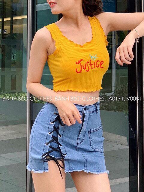 Áo Thun Gân Ba Lỗ Form Croptop In Chữ JUFTICE Có Đệm Ngực Cá Tính TTS0747