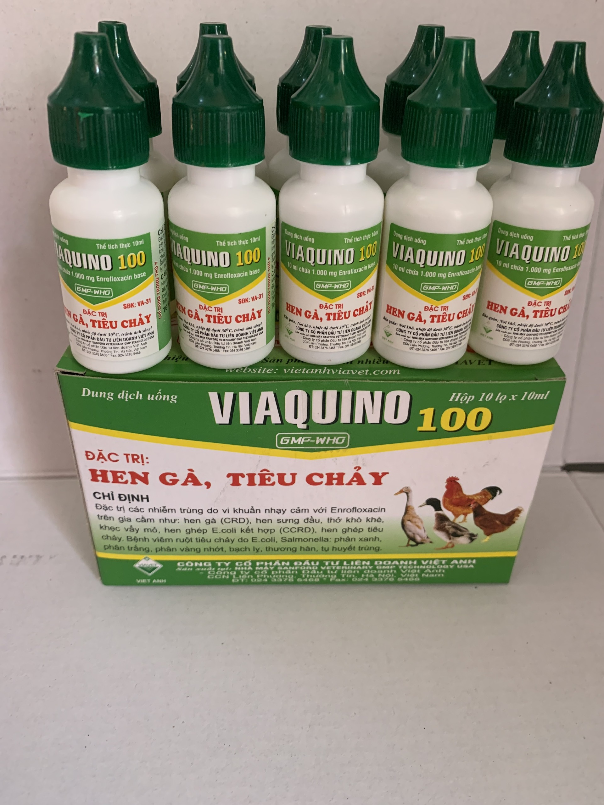 Hen gà, Tiêu chảy Gà Vịt Ngan VIAQUINO 100 (chai10ml) Phân xanh trắng, hen crd, hen sưng phù đầu, vẩy mỏ ghép tiêu chảy trên gia cầm nuôi