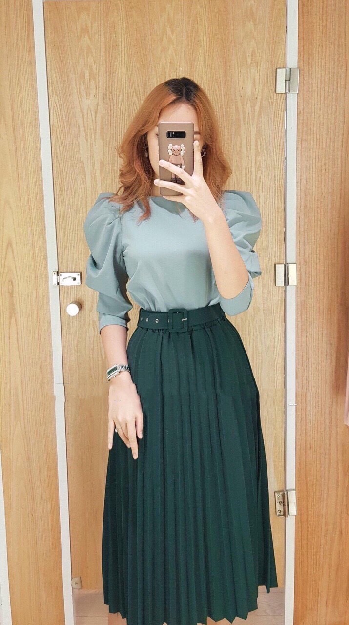 Chân váy xếp ly dáng dài phong cách hàn Quốc  ( kèm đai)
