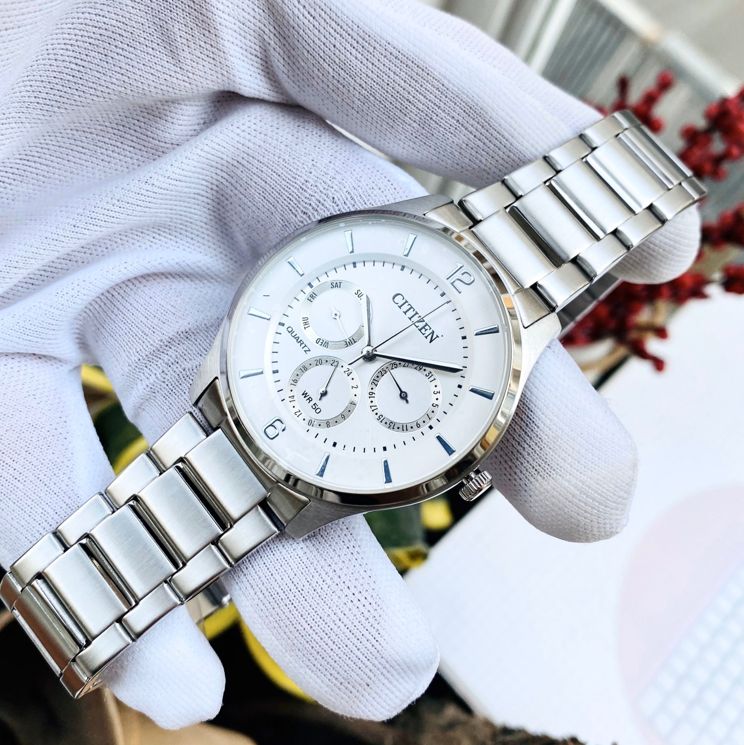 Đồng hồ Nam Citizen Quartz AG8351-86A Mặt trắngLịch thứ ngày6 KimKính cứng-Máy Pin-Dây thép không gỉ-Size 39mm