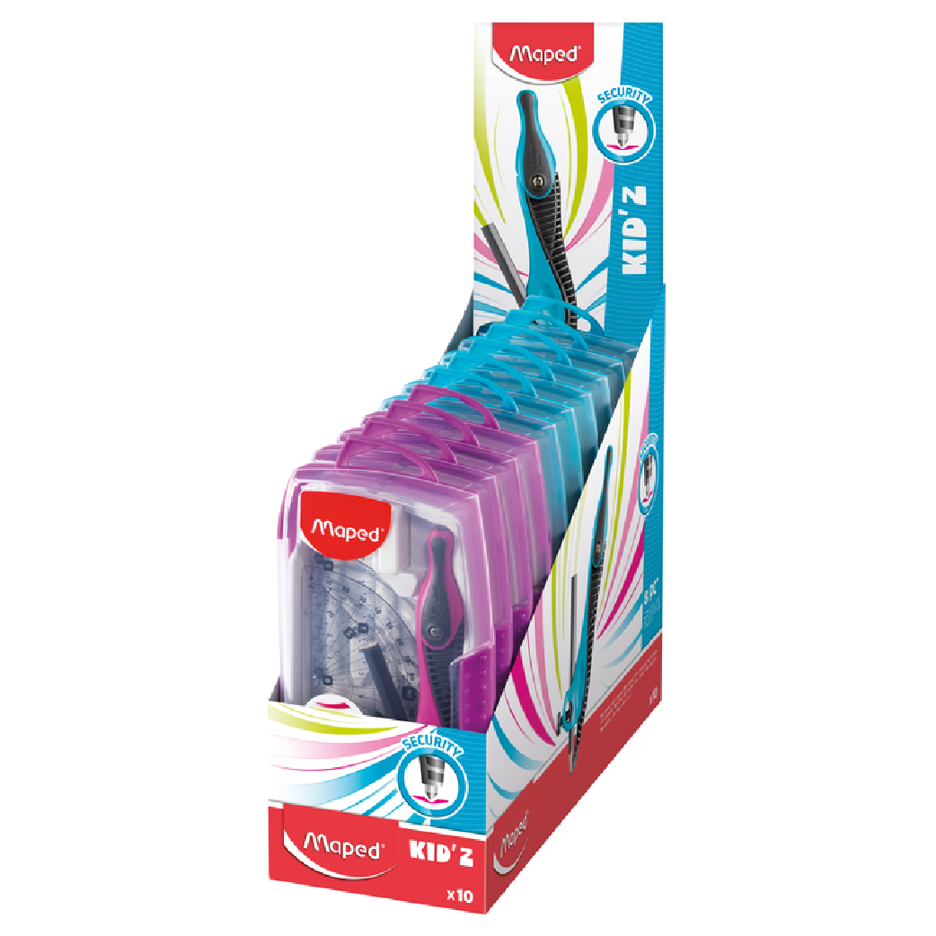 MAPED - Hộp Compa Kid'Z chì gỗ - set 8 (Compa, chuốt chì, gôm, chì, bộ 4 thước)
