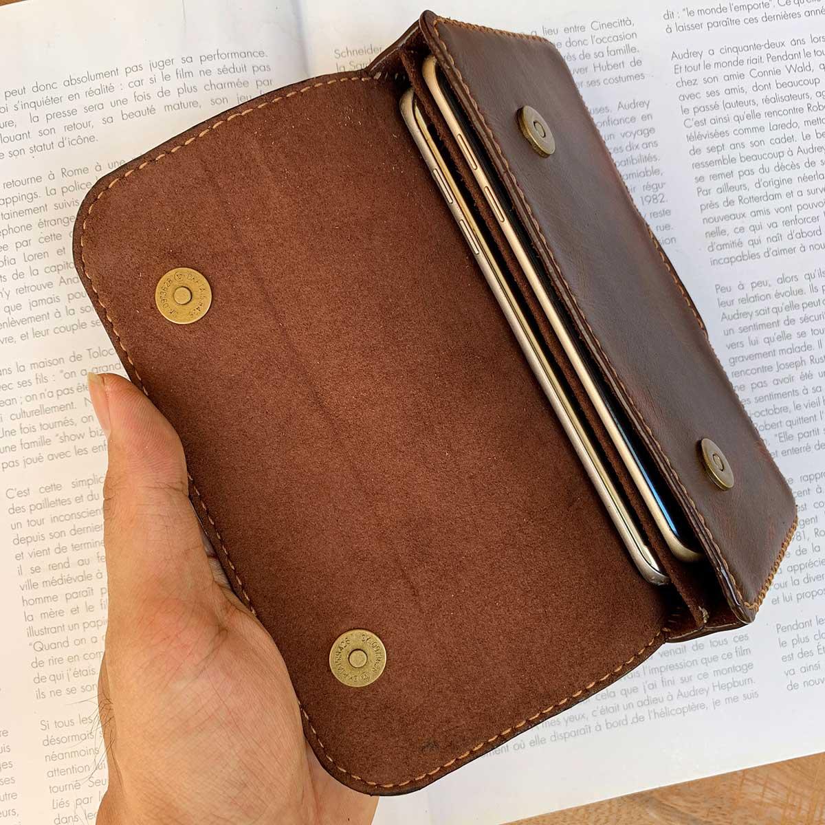 Bao da điện thoại kép - da bò thật - bao da đeo hông - đồ da thủ công dtleather db282
