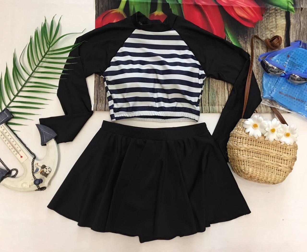 Bikini tay dài sọc váy xòe