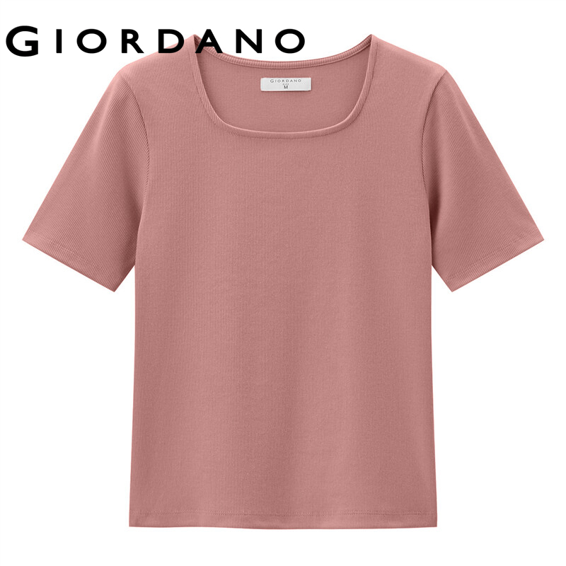 Giordano áo thun nữ cổ hình vuông tay ngăn kẻ sọc ôm body đơn sắcdệt kim Free Shipping 13323207