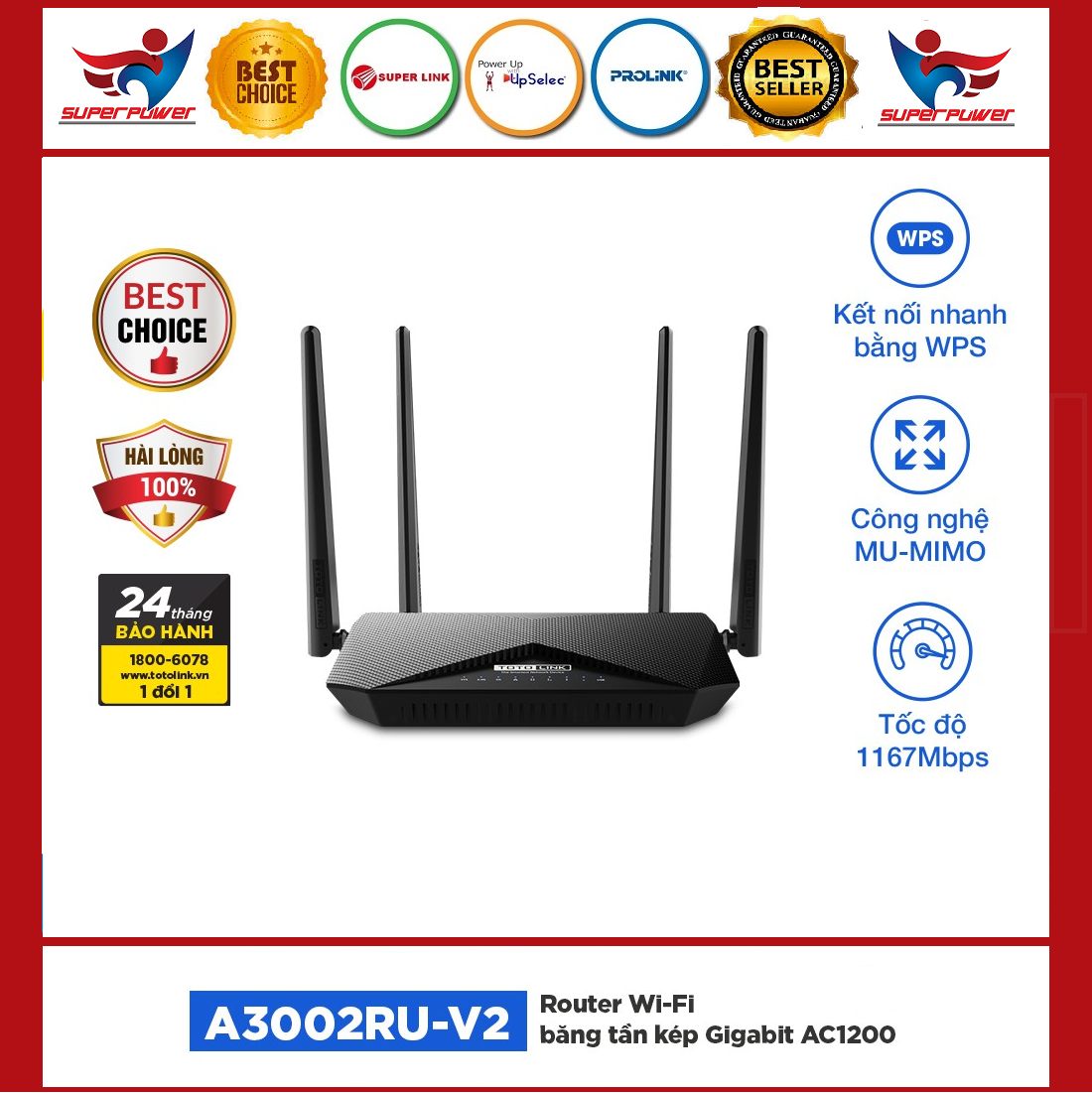 Router wifi băng tần kép Gigabit chuẩn AC 1200Mbps TOTOLINK A3002RU-V2