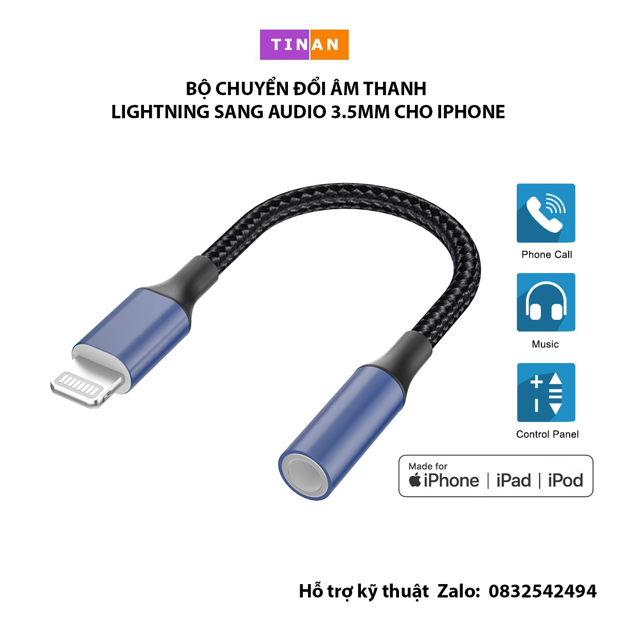 Bộ chuyển đổi âm thanh lightning sang audio 3.5mm, cho iphone, ipad, ipod