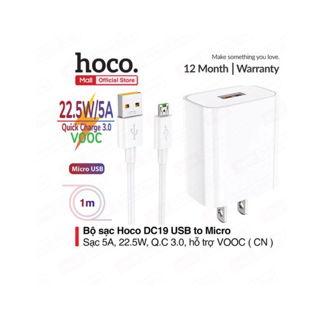Bộ sạc nhanh hoco dc19 usb to micro sạc nhanh 5a/22.5w quick charge 3.0 hỗ trợ sạc vooc kèm dây dài 1m