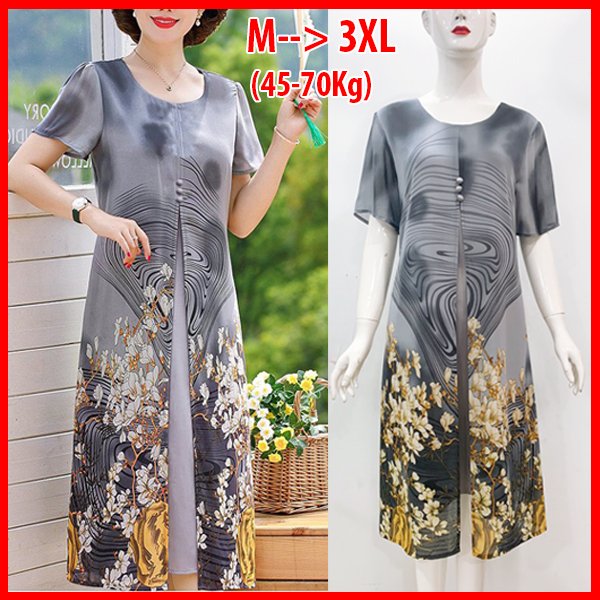 Shoppro-dress suông print trims dress suông middle-aged U50 U60 dress suông streetwear dress suông quarter ms. upscale dress middle-age fashion middle-aged women dress suông round neck print flower applique button 3270 3288 3296 3301