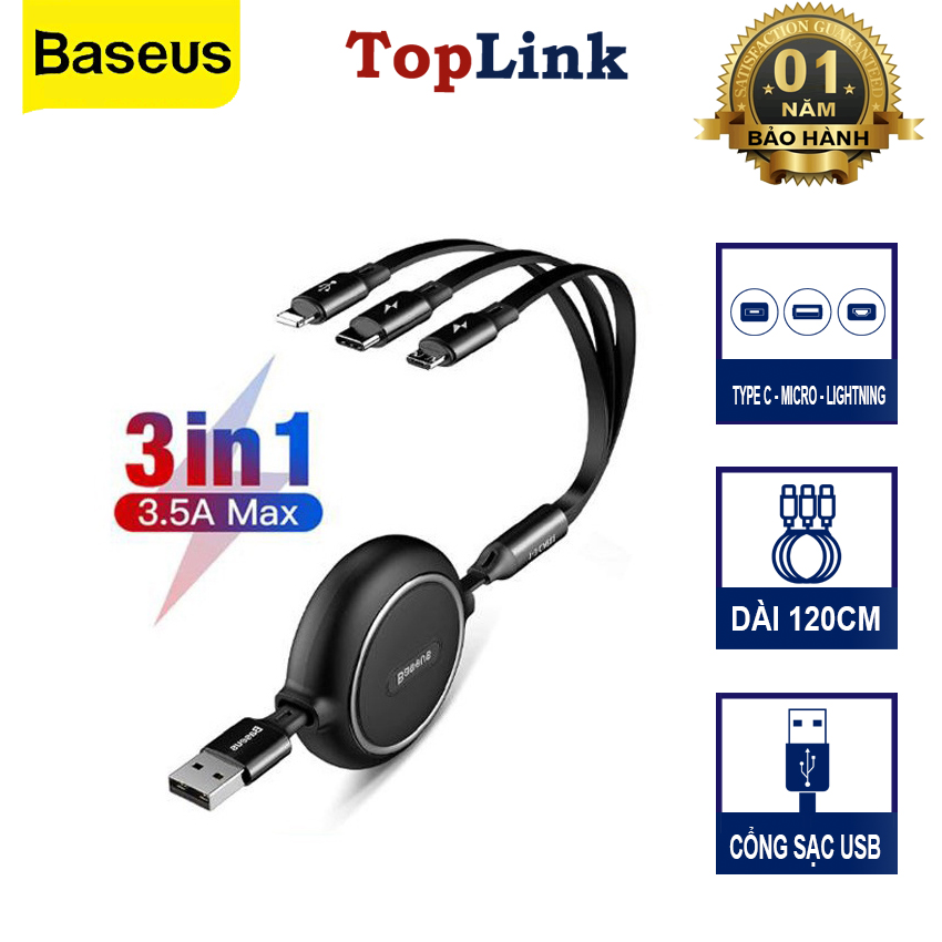 Dây cáp sạc điện thoại 3in1, sạc điện thoại 3in1 loại dây rút sạc đầu iphone - micro - type c thương hiệu baseus - phân phối bởi toplink