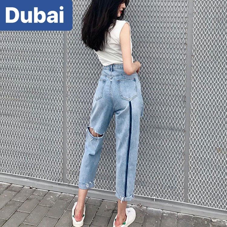 QUẦN JEAN BAGGY NỮ CHẤT BÒ XANH RÁCH SỌC SAU LƯNG CAO NÂNG MÔNG HÀN QUỐC CAO CẤP DB-030 - DUBAI FASHION