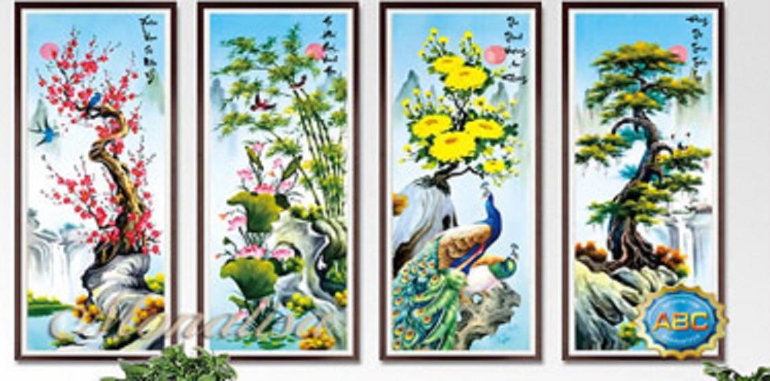 [HCM]Tranh thêu Tứ quý Tùng cúc trúc mai - LV3262