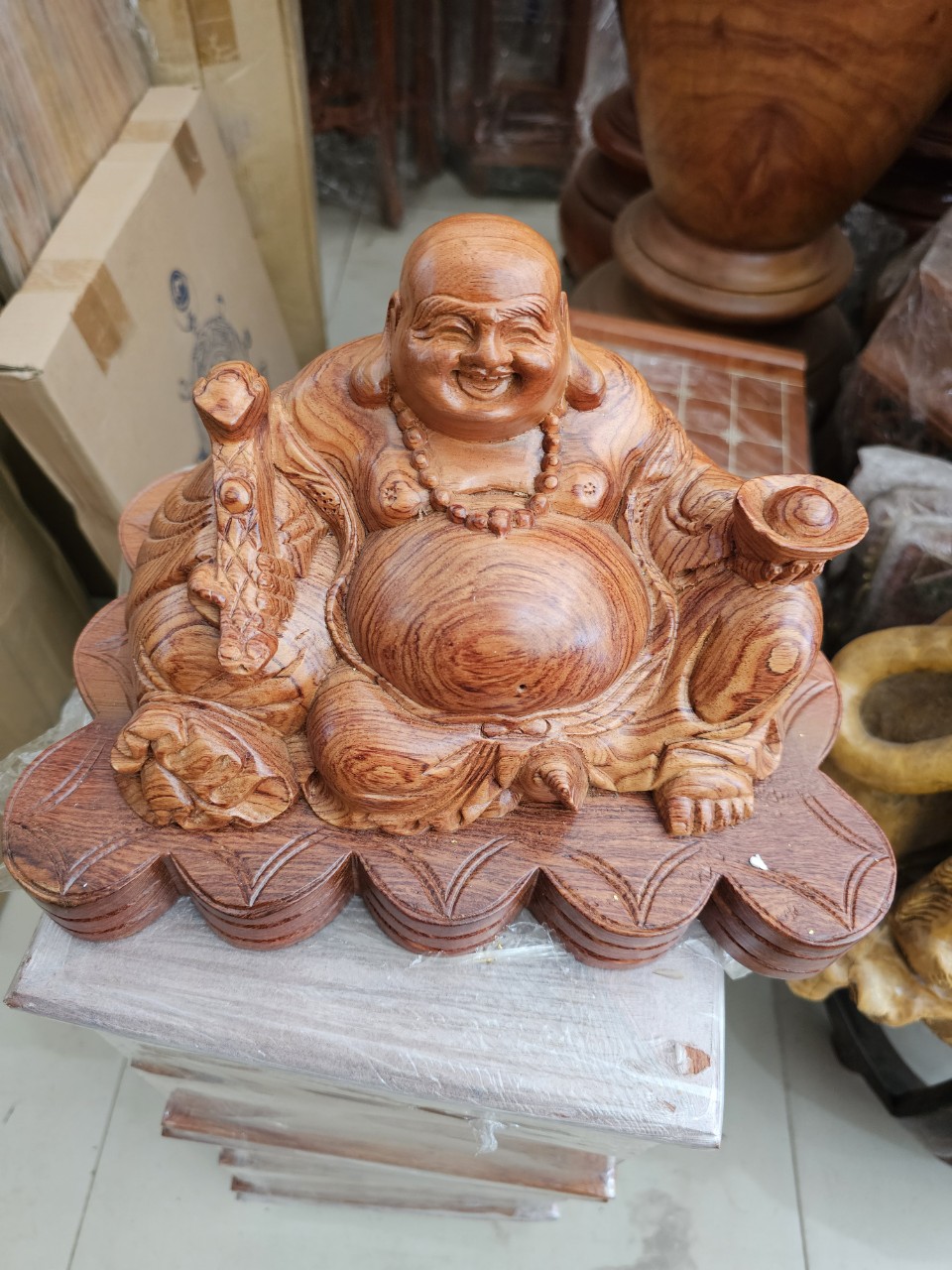 Maitreya Buddha Statue Made of Incense Wood with a 30cm Horizontal Base.