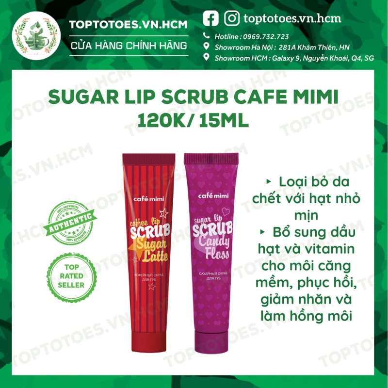 Tẩy da chết môi Sugar Lip Scrub Cafe Mimi cho môi mịn mềm, hồng hào, ngừa thâm giá rẻ