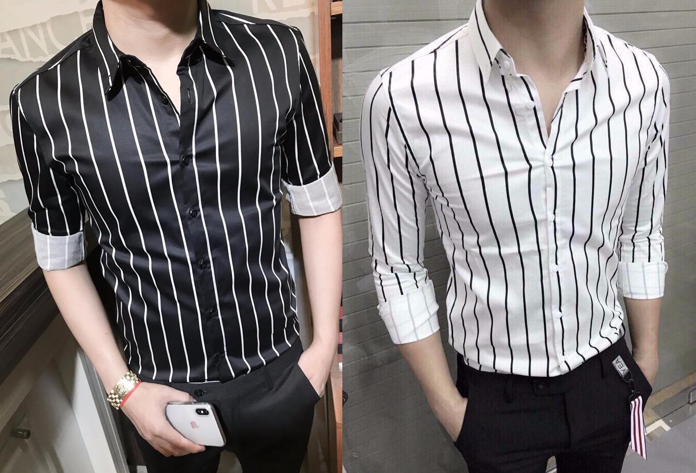 com bo 2 áo sơ mi kẻ sọc (Trắng, Đen)