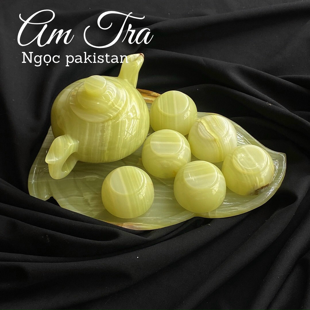 Bộ Ấm Trà Đá Ngọc Hoàng Long , Đá Onyx Xanh - (Gồm 1 Ấm + 6 Chén + Đĩa Lá)