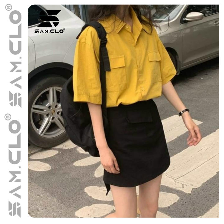 Áo sơ mi nữ cổ bẻ tay ngắn – lỡ phong cách ulzzang form freesize dáng rộng unisex mặc cặp, nhóm, couple TRƠN 2 TÚI