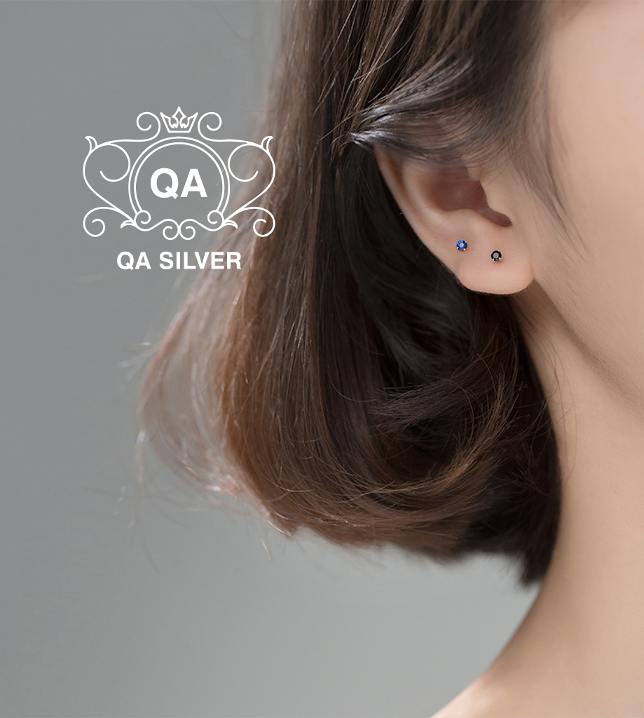 Bông tai bạc 925 nụ đá nhỏ nam nữ 4 chấu khuyên mini trắng đen xanh S925 MINIMAL QA SILVER Earrings EA200603