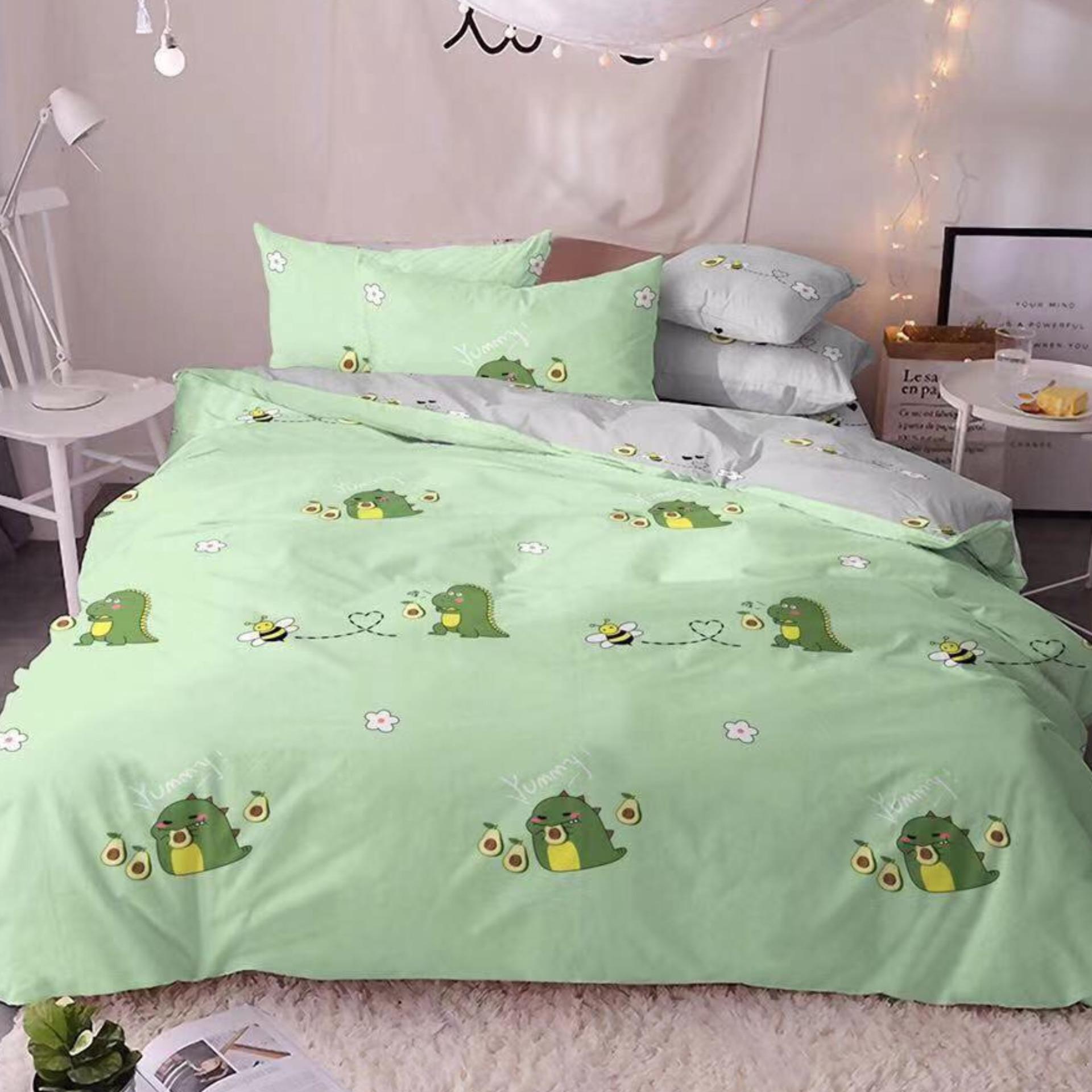 Bộ chăn ga gối phong cách Hàn Quốc khủng long ăn bơ bo chun đủ kích thước