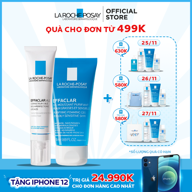 Bộ đôi kem giảm mụn chuyên biệt La Roche Posay Effaclar A.I 15ml và Gel rửa mặt dành cho da dầu mụn Effaclar Gel 50ml giá rẻ