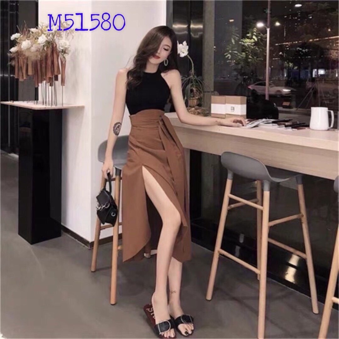 [HỒNG NHUNG 48] Set Bộ 2 Dây Áo Cổ Yếm & Chân Váy Thắt Vạt Xẻ Tà Phong Cách Nhẹ Nhàng Quyến Rũ . Qc
