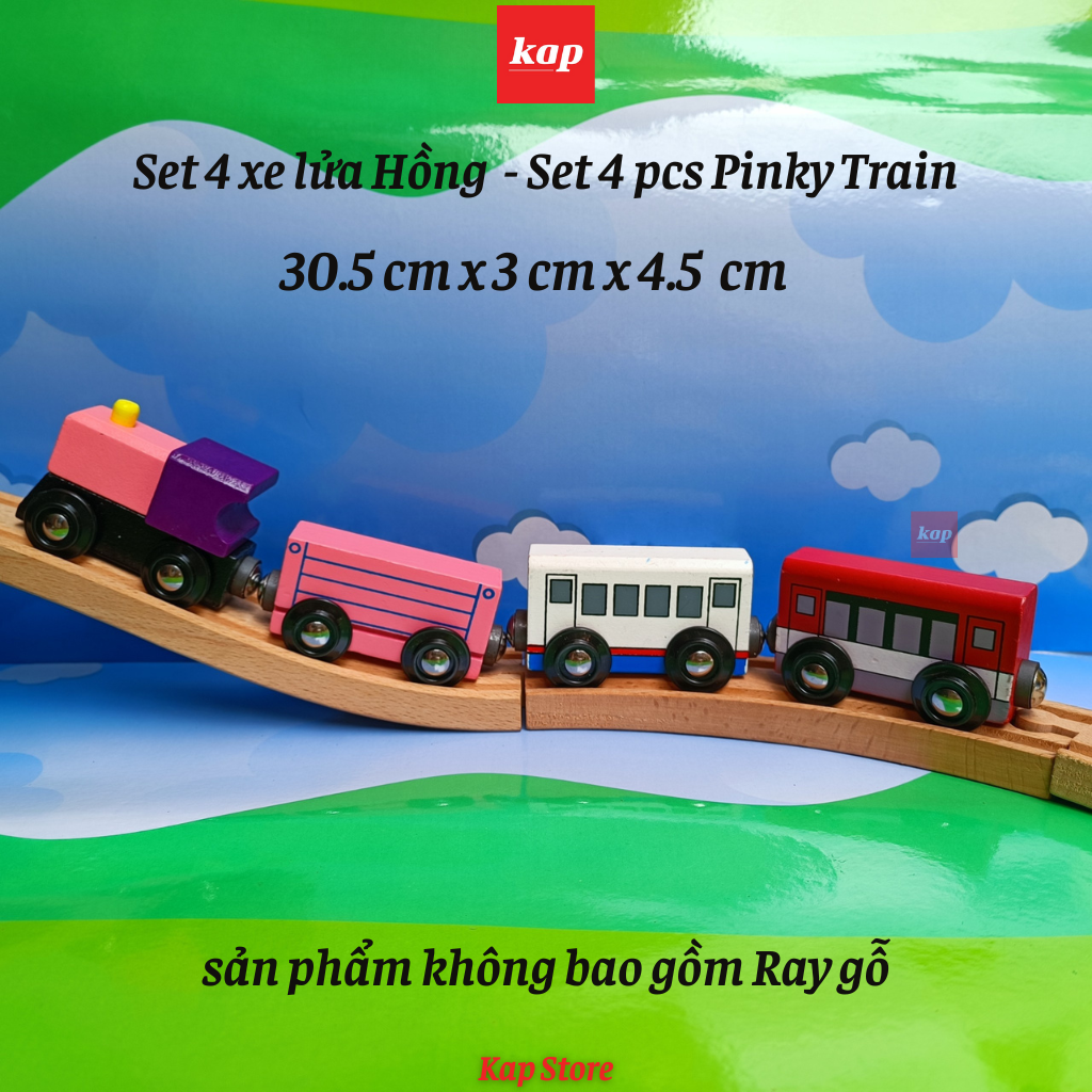 Set 4 toa xe lửa gỗ, phụ kiện đường ray xe lửa gỗ- Set 4 wooden Train