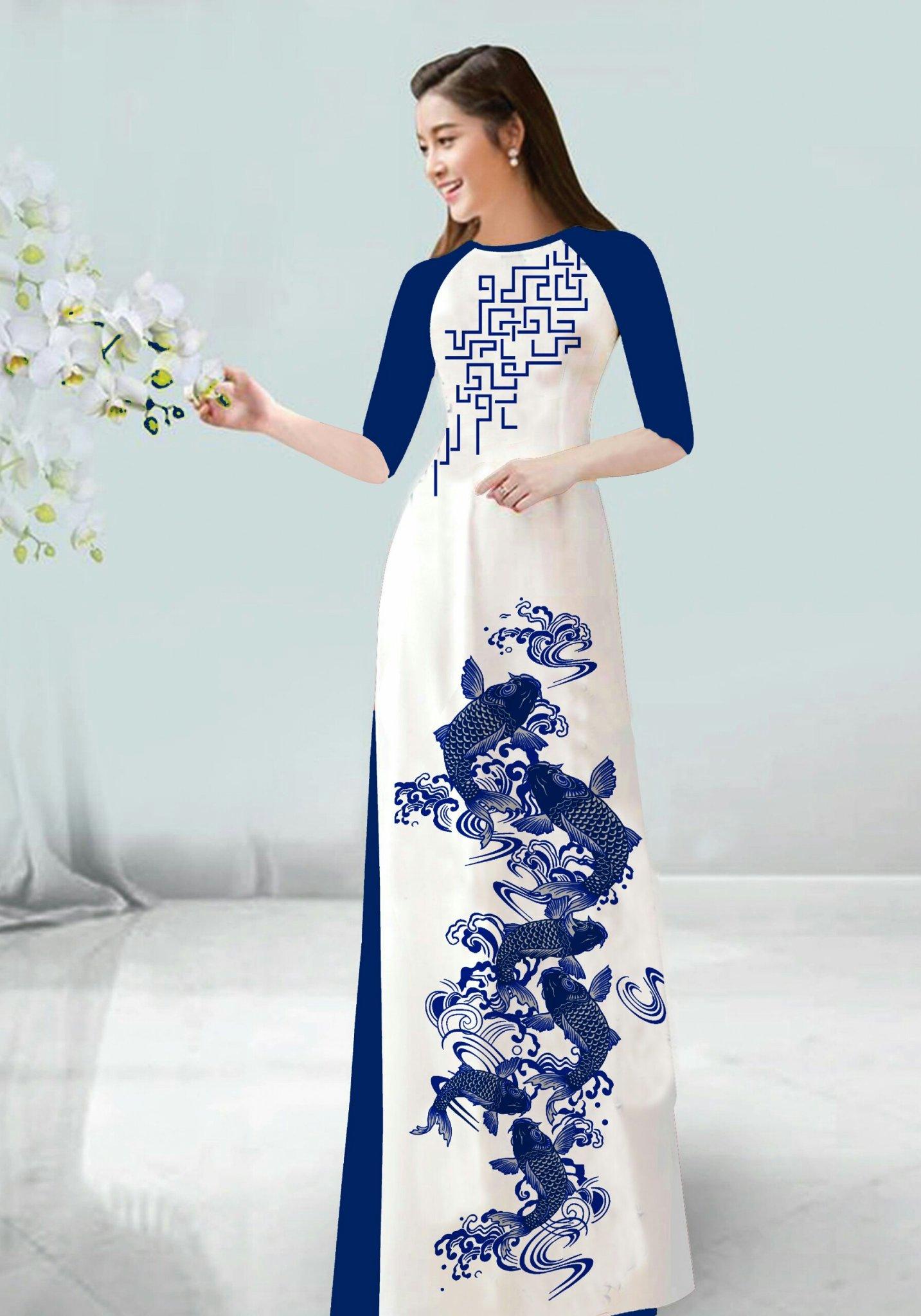 [HCM]ÁO DÀI TRUYỀN THỐNG IN HỌA TIẾT CÁ CAO CẤP - không kèm quần