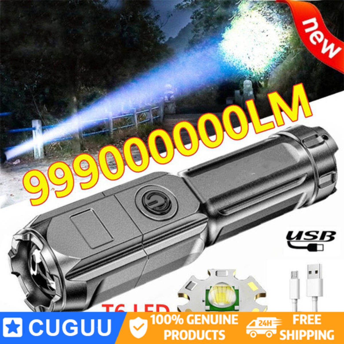 Cuguu original powerful follow focus LED flashlight USB rechargeable flashlight built-in battery portable outdoor for home focus zoomable flashlight T6 torch light it is water resistant