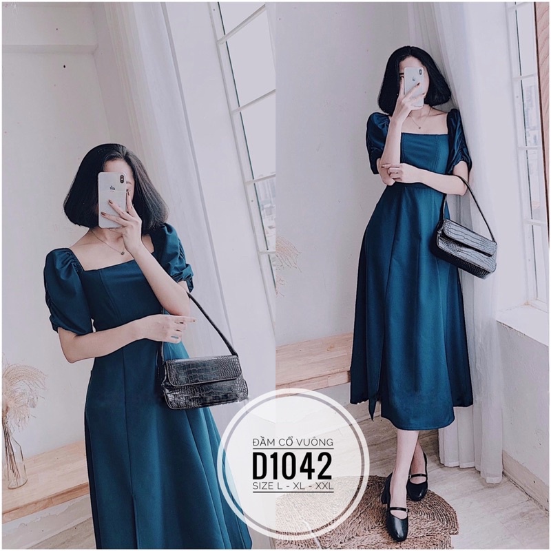 (60-90kg) BIGSIZE Bigsize Đầm cổ vuông xẻ tà