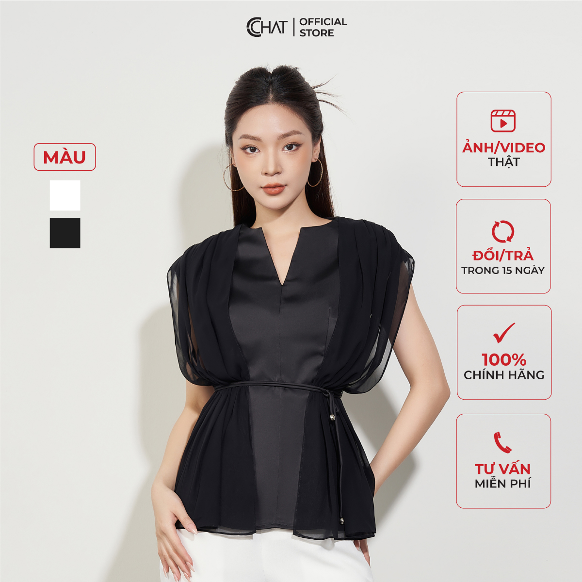 Áo Kiểu Nữ CCHAT Chờm Vai Phối Voan Chất Lụa Cao Cấp 53ASL8001OT