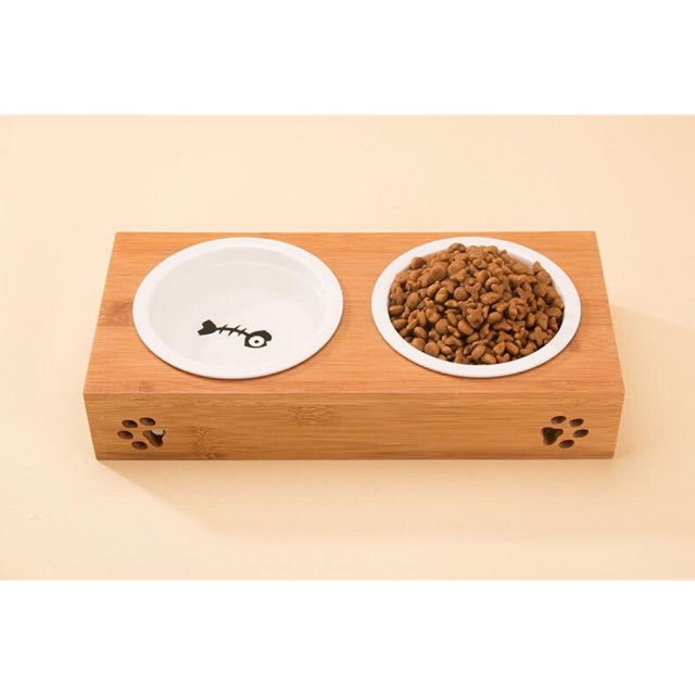Bát ăn khung gỗ tháo rời bằng gốm cao cấp cho cún mèo