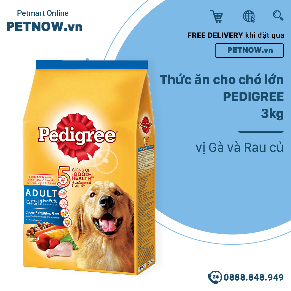 Thức ăn cho chó lớn pedigree 3kg - vị gà và rau củ petnow