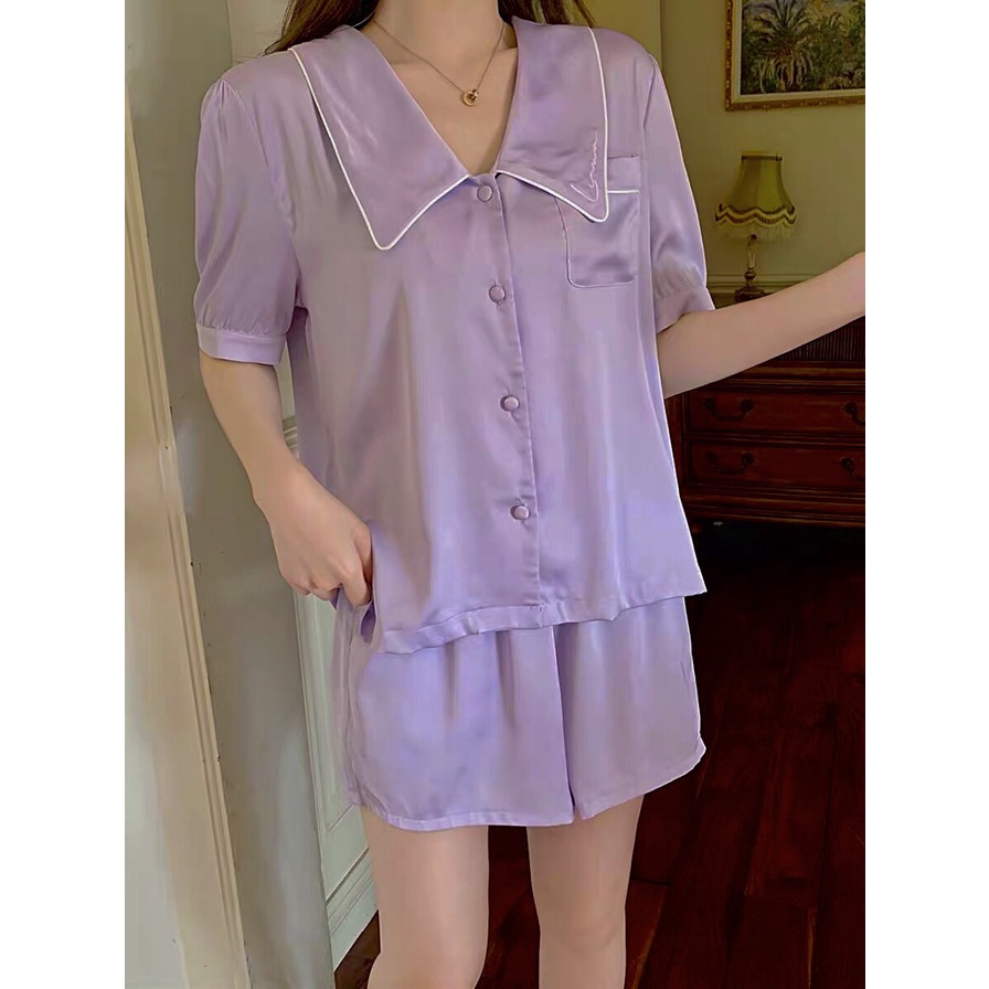 Bộ đồ ngủ lụa cộc tay, bộ pijama lụa tiểu thư cao cấp (BN003)