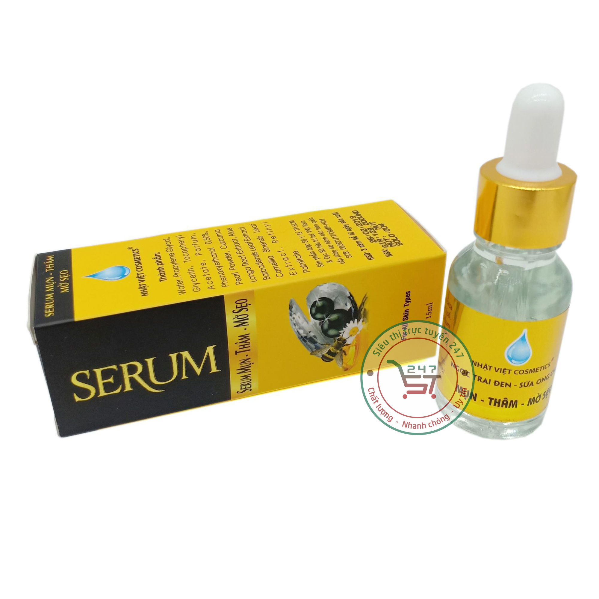 Serum Mụn Mờ sẹo Thâm Ngọc Trai Đen Sữa ong chúa Nhật Việt 15ml (Vàng-Đen)