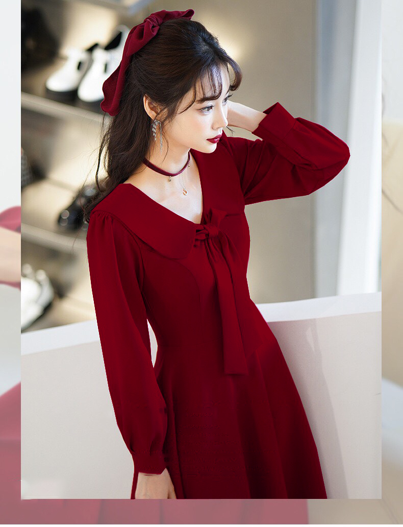 Đầm  Đự Tiệc Dáng Xoè Tay Dài Phối Nơ Cổ