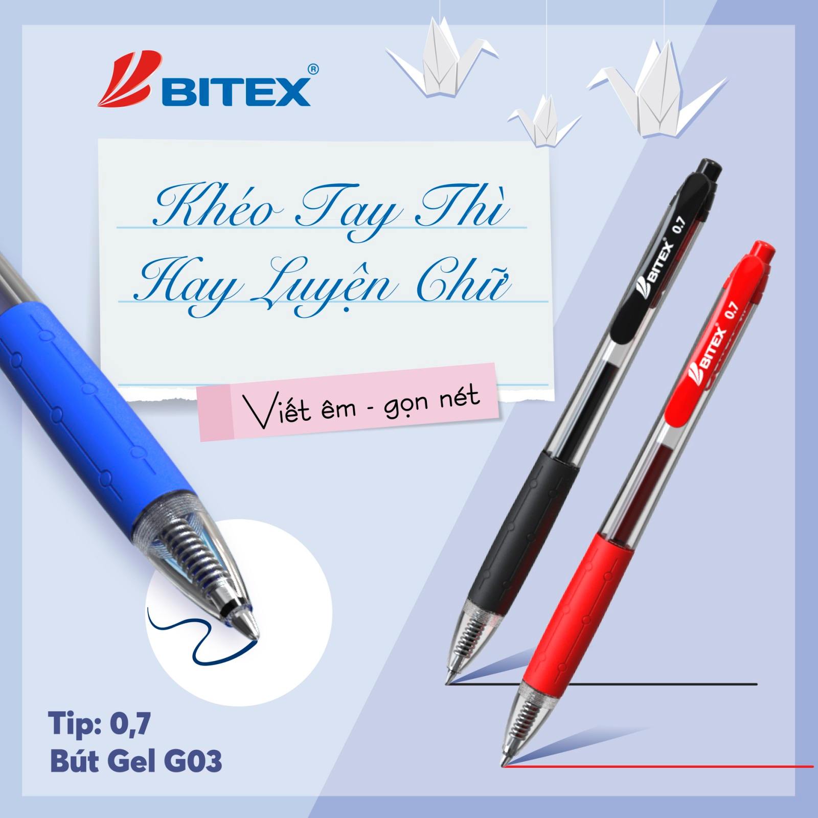 Bút gel Bitex mực xanh, đỏ, đen G03 (1 cây)