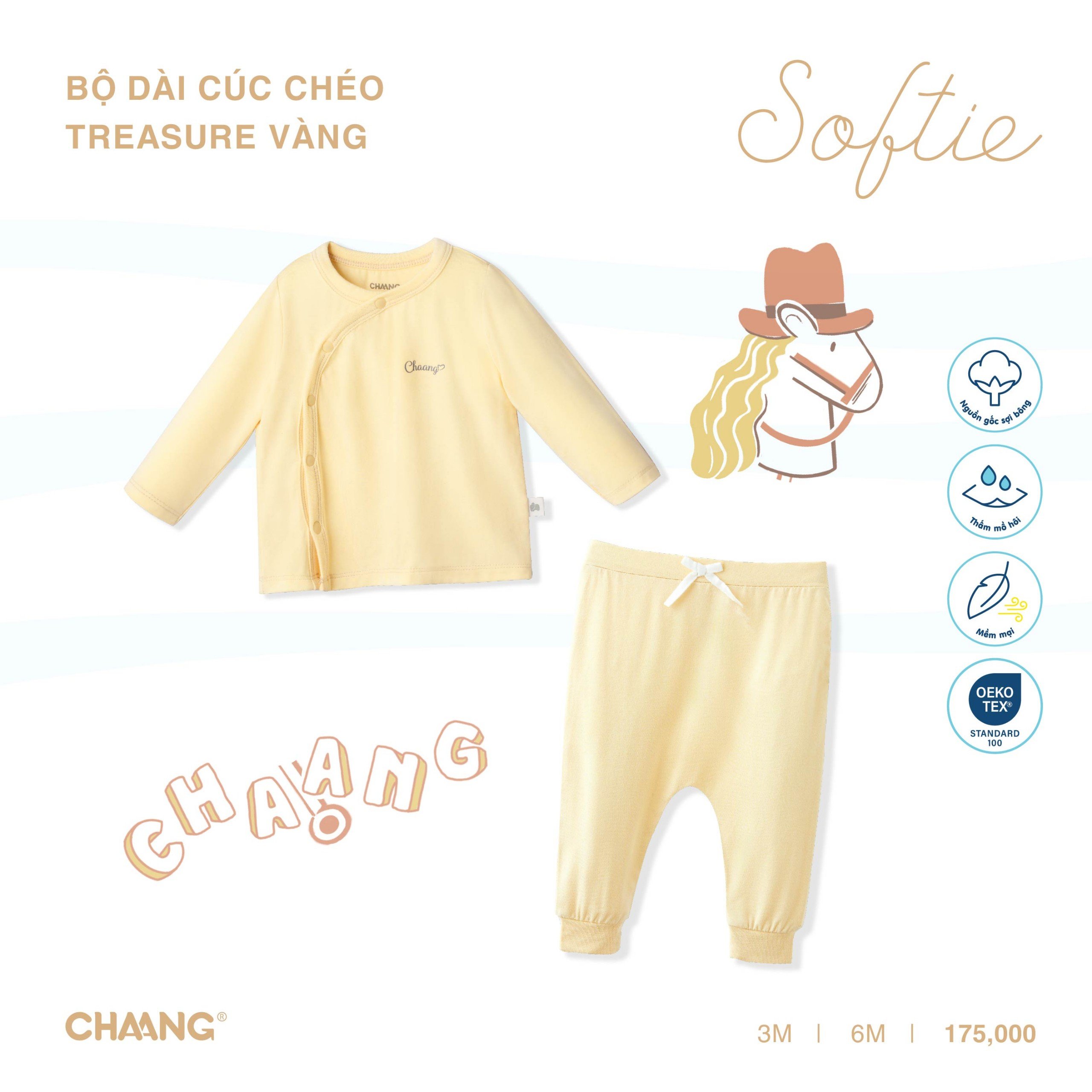 Bộ áo dài tay cúc chéo quần dài sơ sinh Treasure/Mèo Chaang