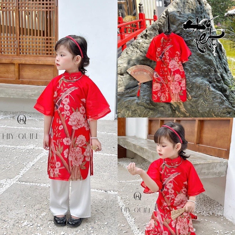 Set áo dài cách tân vải lụa hoa xuân cho bé 10-20kg
