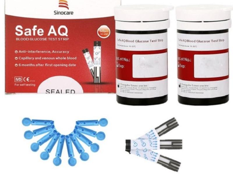 Hộp 50 que thử đường huyết và 50 kim lấy máu cho máy đo đường huyết Sinocare Safe AQ nhập khẩu