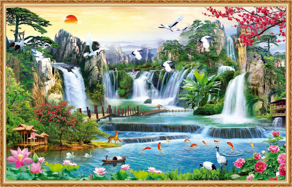 Tranh dán tường 3d phòng khách sơn thủy