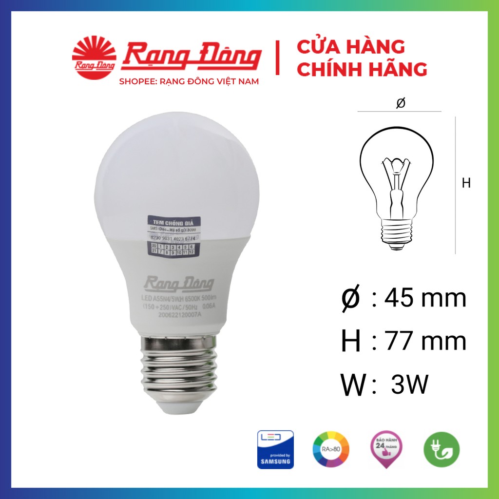 Bóng đèn led bulb tròn 3w rạng đông, bub tròn siêu sáng, tiết kiệm điện, bảo hành 2 năm, model led a45n1/3w