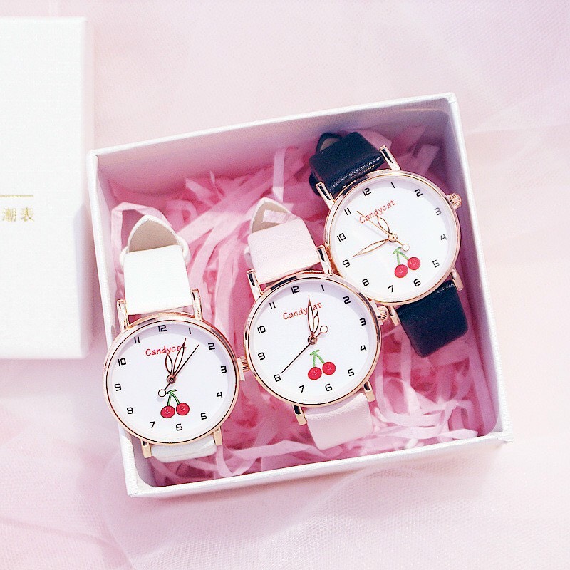 Đồng hồ thời trang nữ Candycat Cad1 mặt quả anh đào dây da mặt tròn siêu