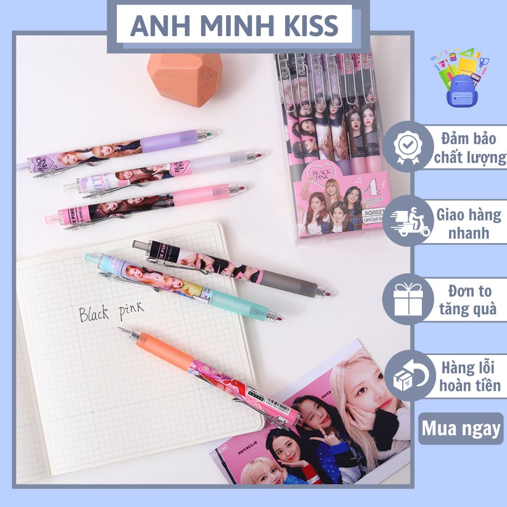 Hộp 6/12 cây bút bi đầu bấm mực gell nhóm nhạc black pink