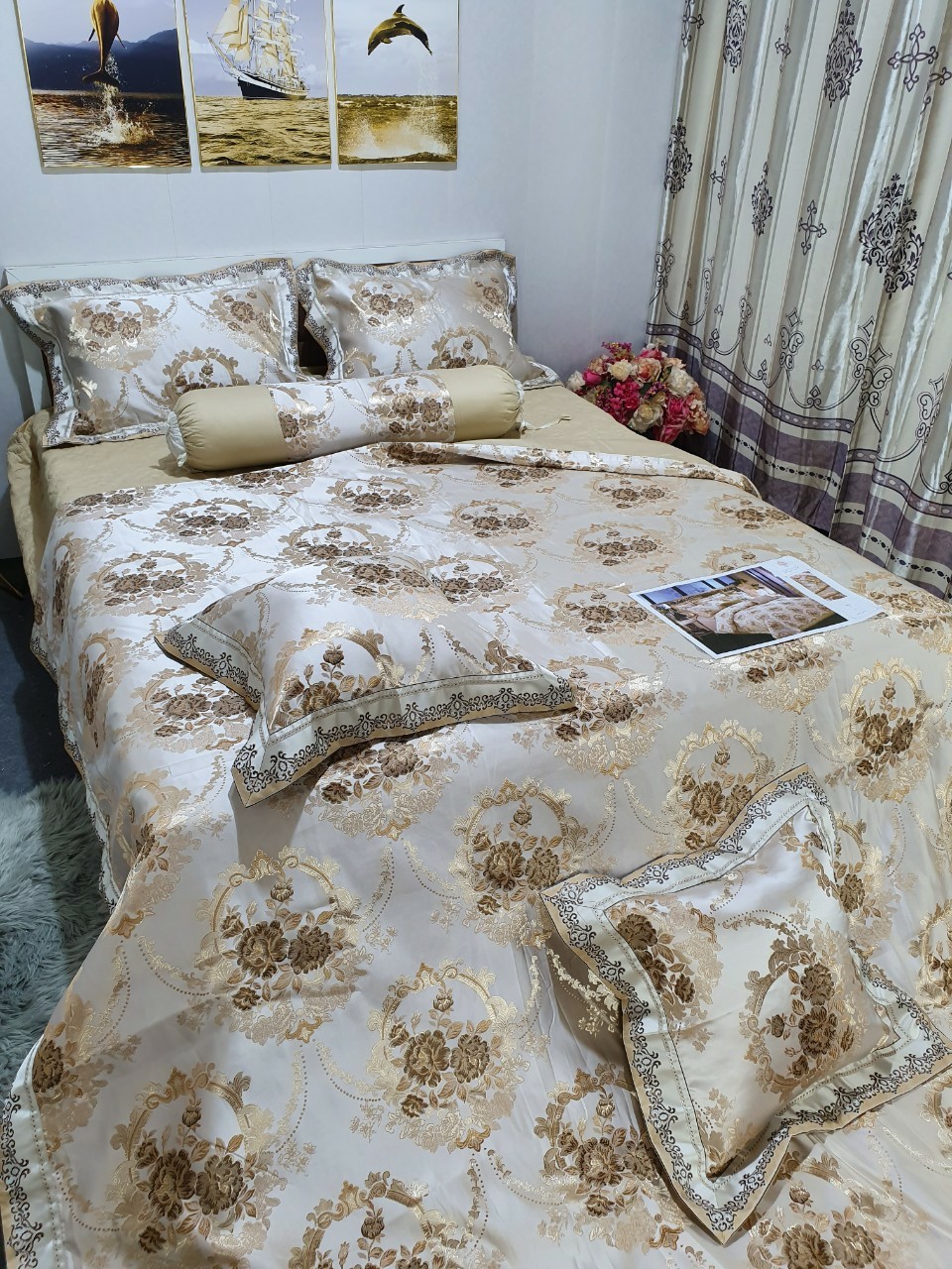 Bộ Chăn Ga Gối 5 Món Gấm Lụa hoàng gia Cao Cấp