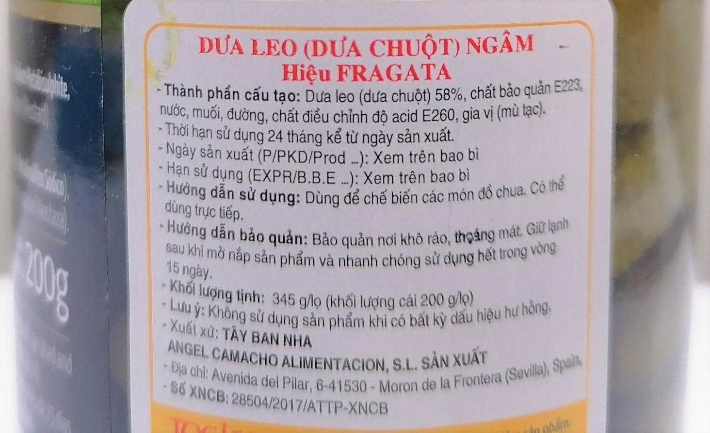 [Lọ 345g] DƯA LEO (DƯA CHUỘT) NGÂM [Spain] FRAGATA Gherkins (tgc)